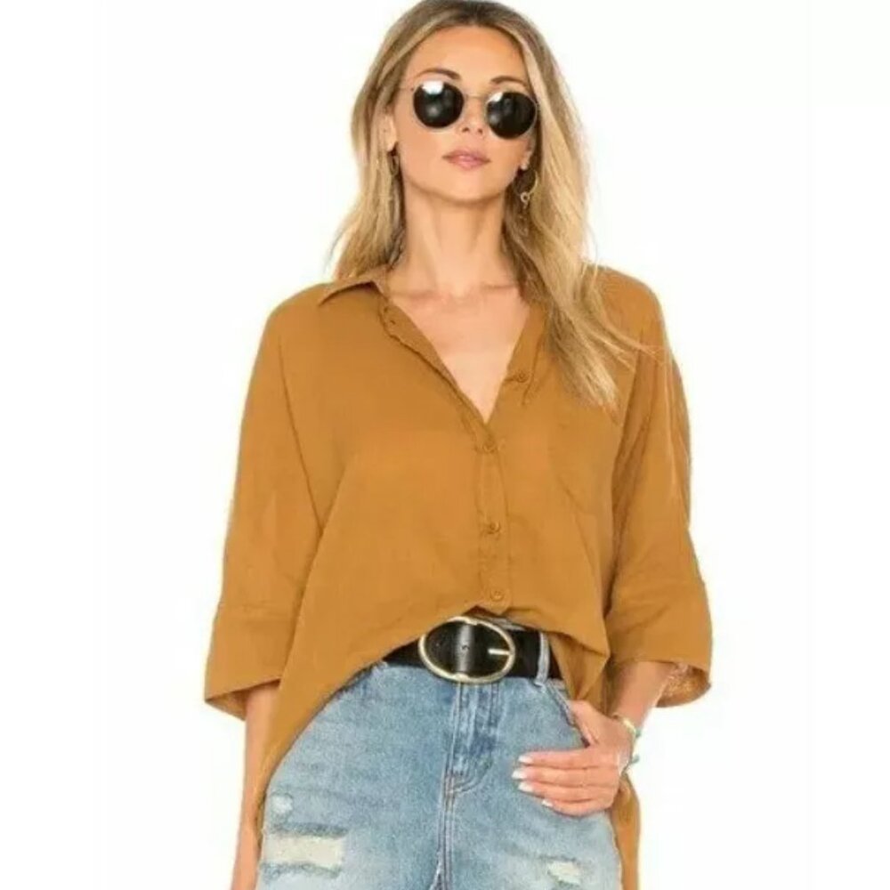 Free People Best of Me Golden Yellow Raw Hem Button Down Short Sleeve Size Small